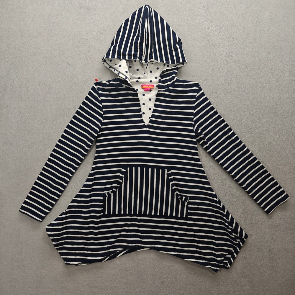 Kate Mack Striped Sharkbite Hoodie Girls Size 10 Navy Blue White Coastal Preppy